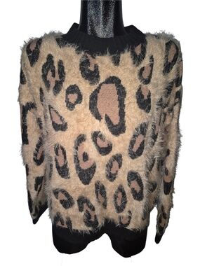 MINKPINK Peach And Black Fuzzy Knit Leopard Print Crewneck Sweater Size S